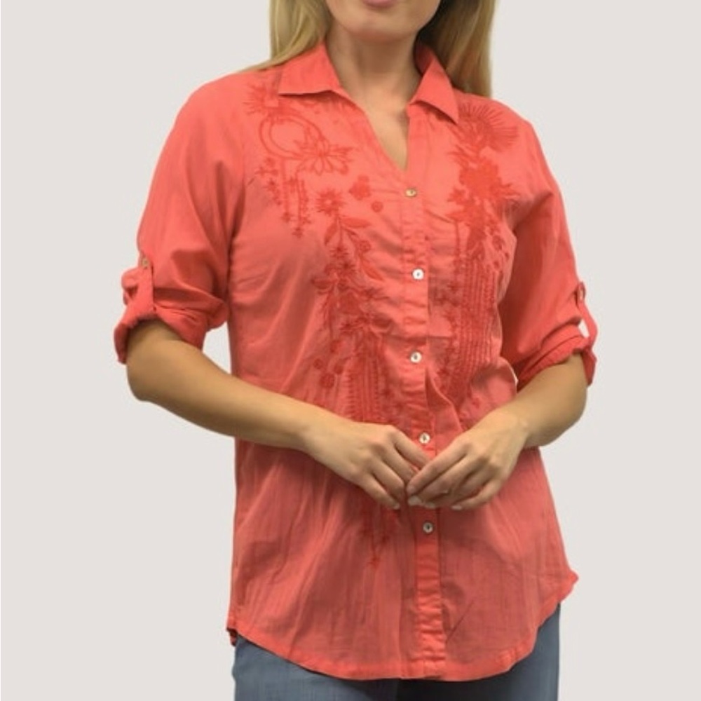 Kyla Seo Women Anthropologie Top Shirt Embroidered Small Size Button Floral Red